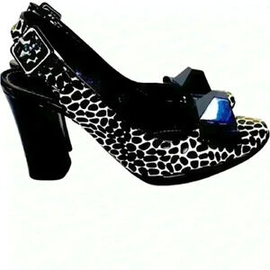 SONIA RYKIEL BLACK  WHITE ANIMAL PRINT SLINGBACK HEELS SHOES SQUARE TOE SIZE 6